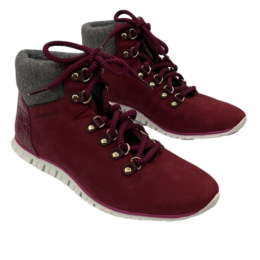 Cole Haan Zerogrand Women's Burgundy Croc Print Hiker Waterproof Boots Size 8